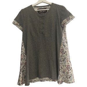 Liberty grey floral short sleeve tshirt front buttons 100% cotton sz M loose fit